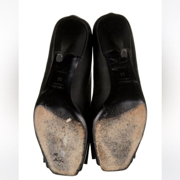 PRADA Black Peau de Soie Peep Toe Heels with Grosgrain Bows Size 6 - Picture 3 of 6